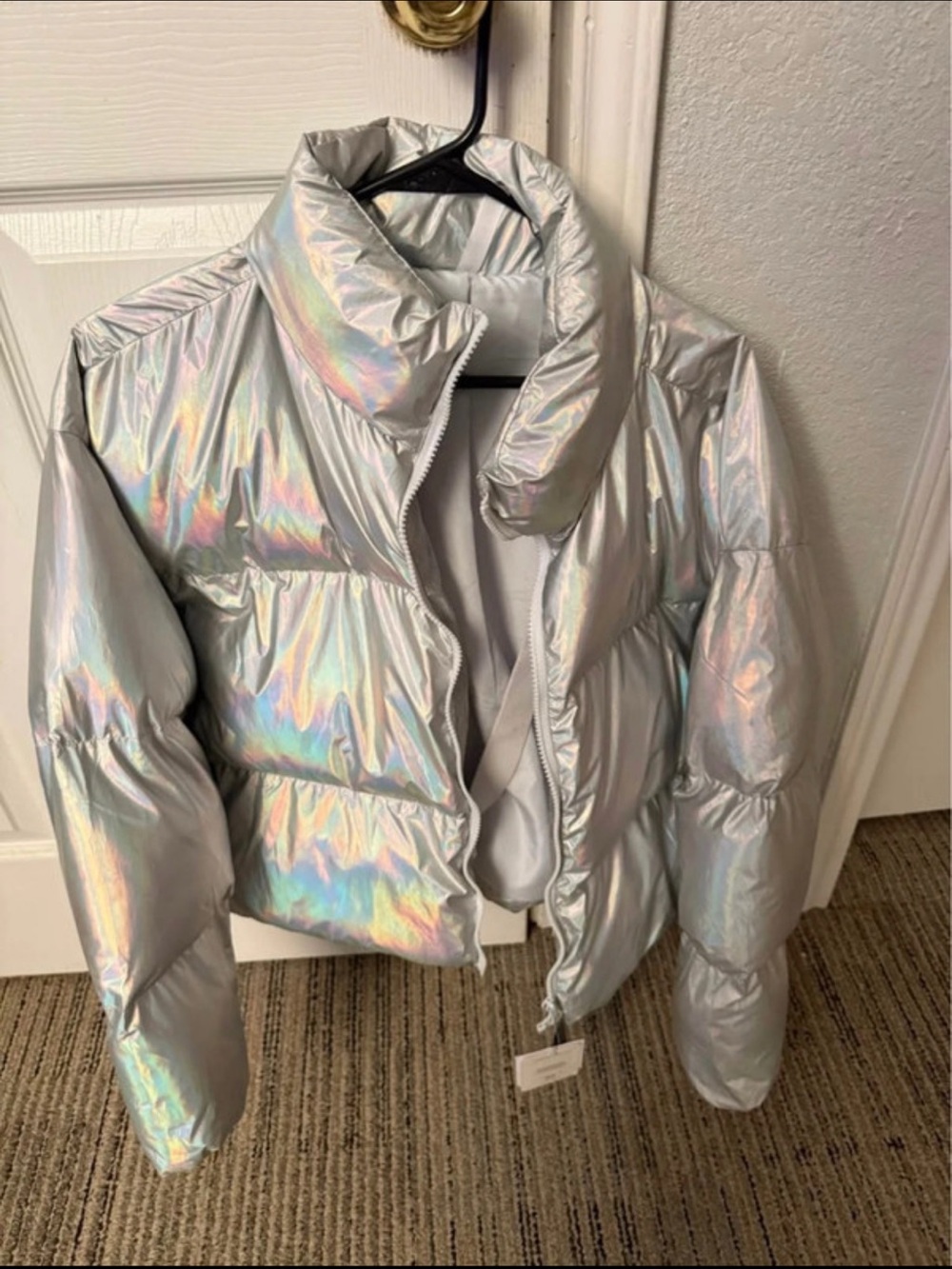 Fabletics Iridescent Silver Holographic Puffer Jacket